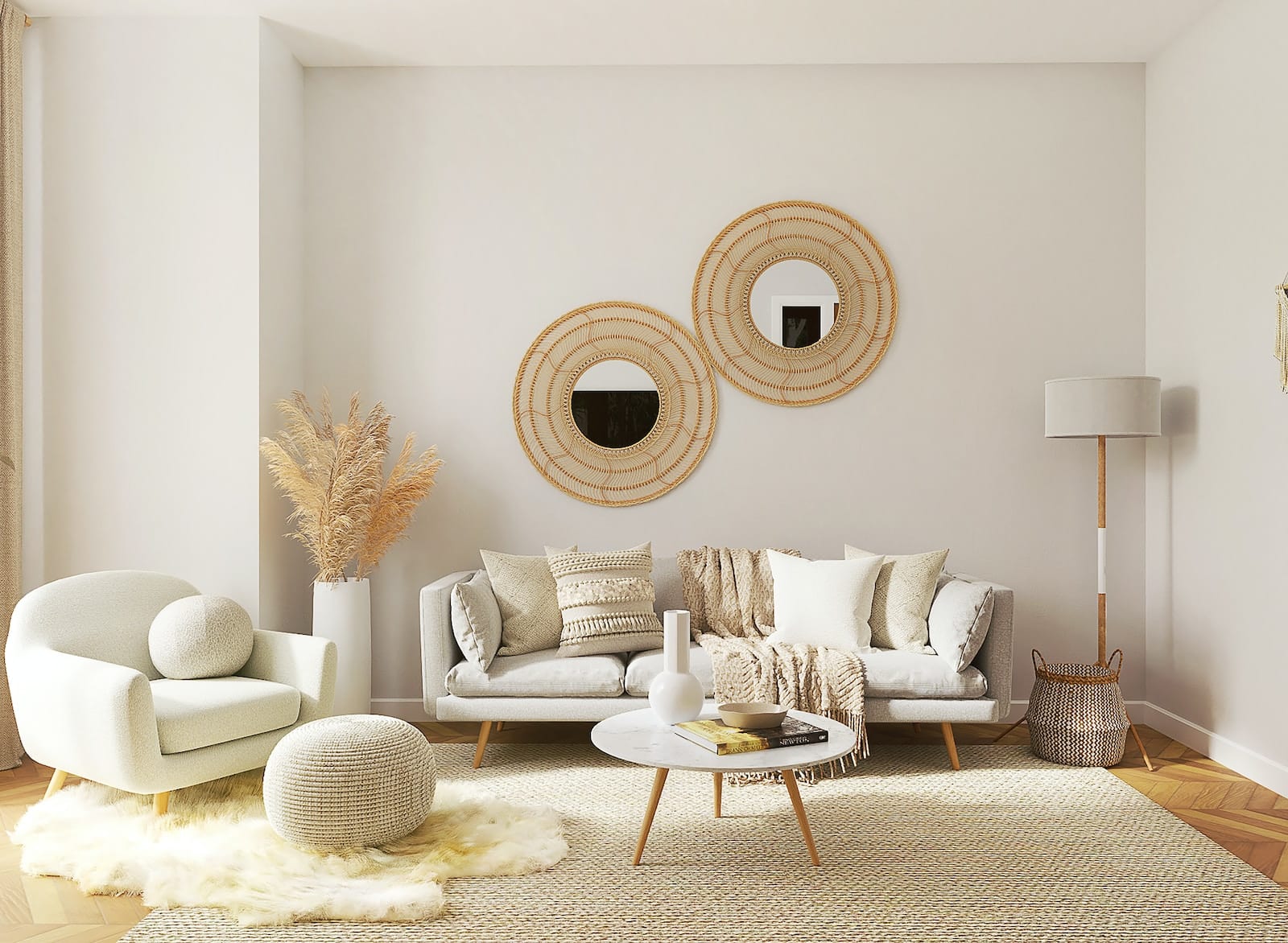 a living room filled with furniture and a mirror japandi 